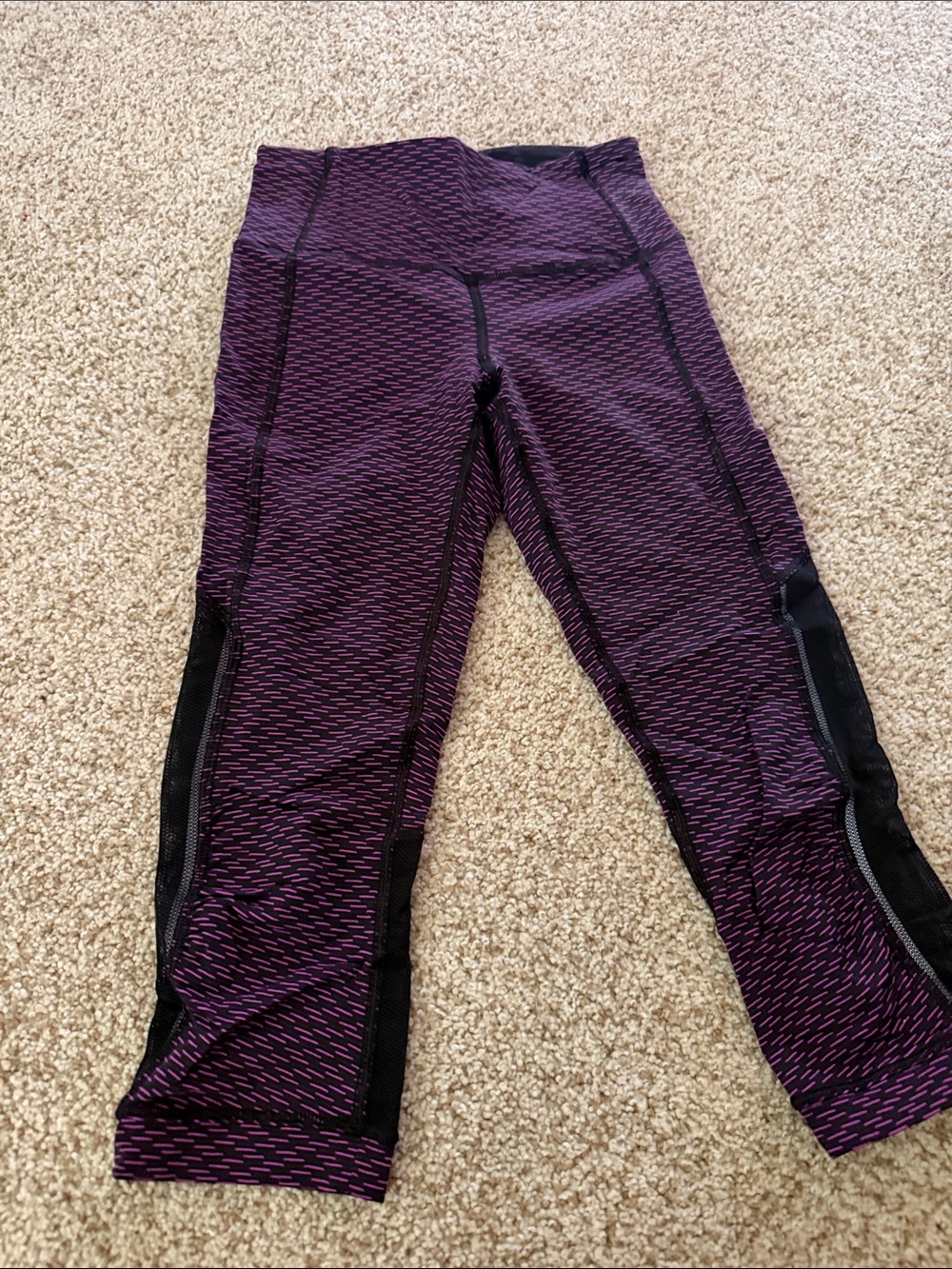lululemon athletica Purple Patterned Capri Leggings with Black Mesh Panels